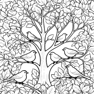 Lebendiger Baum mit Singvögeln Ausmalvorlage für mutige Waldfreunde