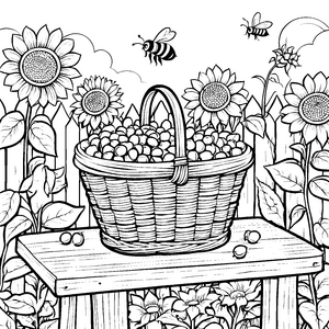 Ein Korb voller Zuckererbsen mit Sonnenblumen und Bienen - Ausmalbild fuer kleine Entdecker