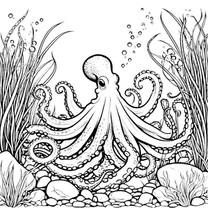 Verspielter Oktopus bei Algen Malvorlage für neugierige Meeresforscher