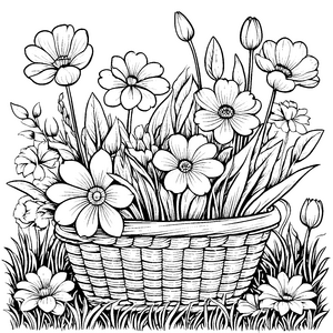 Bunter Blumenkorb mit Gänseblümchen Ausmalbild für kleine Blumenputzer