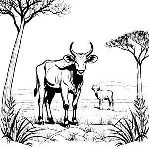 Sanftes Gnu-Jungtier in der Savanne Ausmalvorlage für kleine Naturfreunde