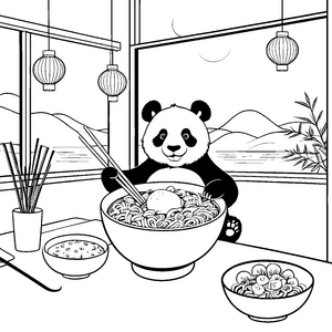 Genüssischer Panda mit Ramen Malbild für junge Essfreunde