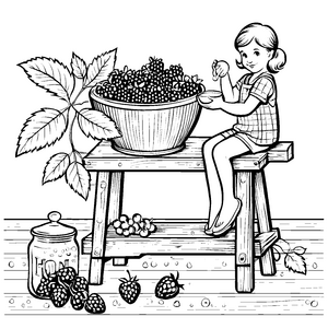 Genüssliche Himbeeren auf der Bank Ausmalvorlage für fröhliche Beerenfreunde