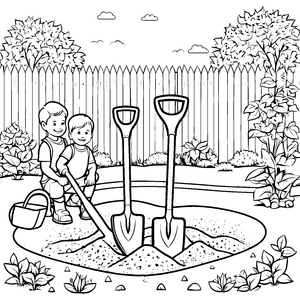 Fleißige Kinder mit Schaufeln Ausmalbild für kleine Gartenhelfer