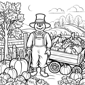 Rustikale Vogelscheuche mit Kürbiskopf Malbild für kreative Herbstfreunde
