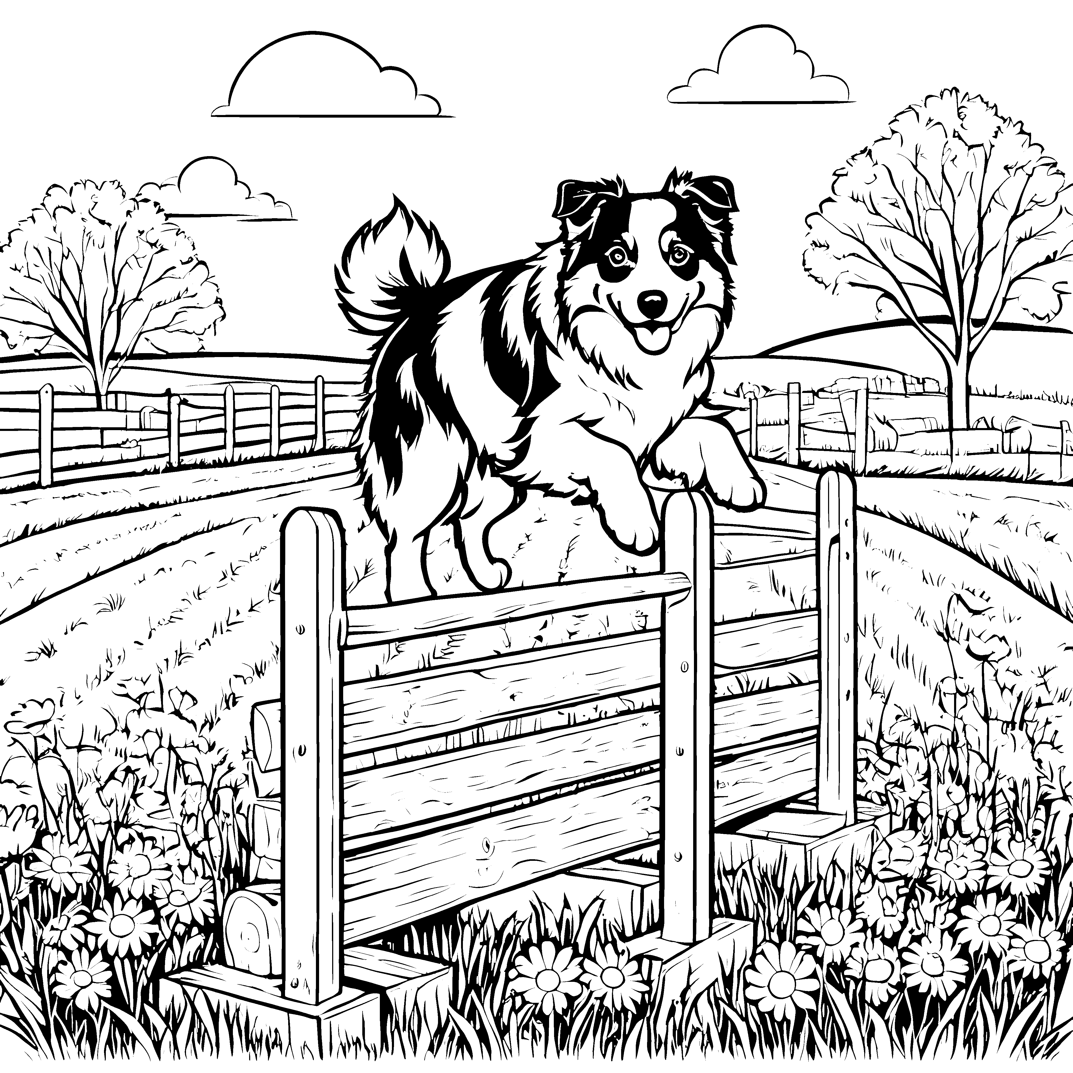 Mutiger Australian Shepherd über Barriere Malbild für kleine Naturfreunde