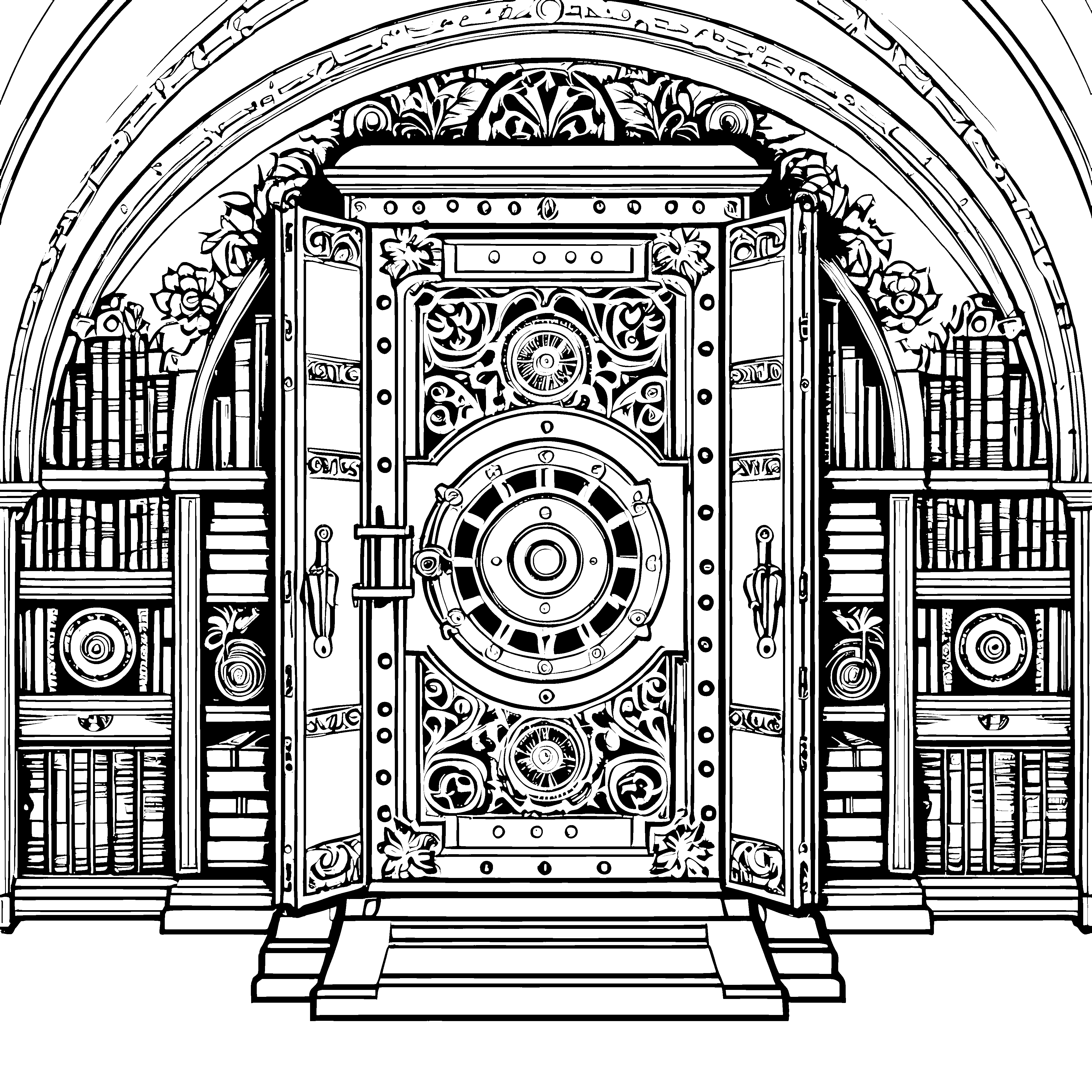 Prachtvoller Tresor mit Uhrwerk Ausmalvorlage für mutige Bibliotheksfreunde