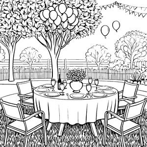 Festliches Gartenfest am ovalen Tisch Ausmalbild für kleine Feierfreunde