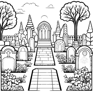 Ehrwürdiger Friedhof mit Grabsteinen Malvorlage für fröhliche Gedenker