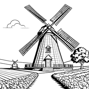 Majestätische Windmühle mit Feldweg Malvorlage für verträumte Bauernhoffreunde