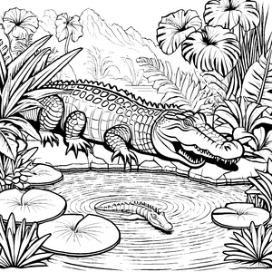 Krokodile am tropischen Teich mit Seerosenblättern – Ausmalbild fuer kleine Entdecker