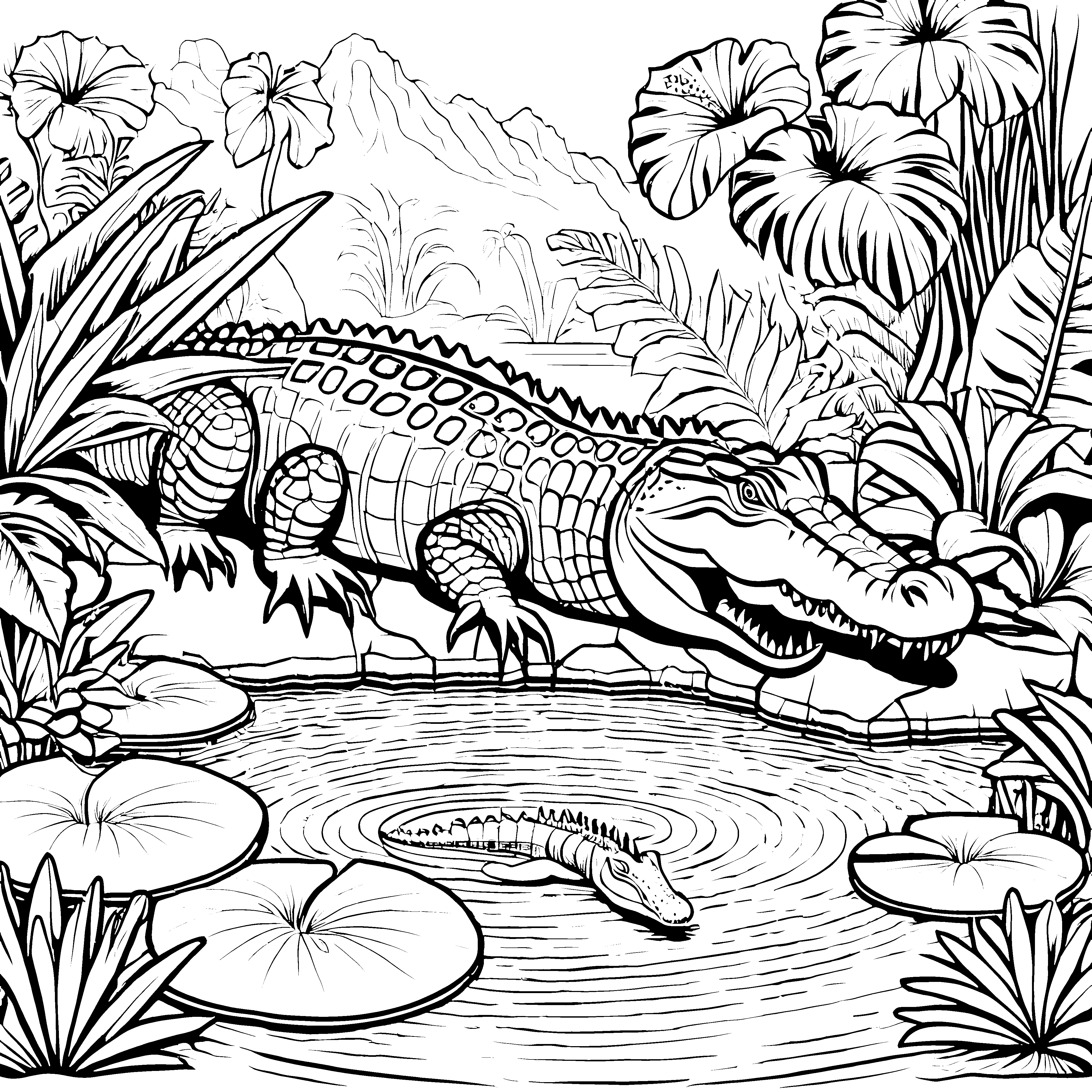 Krokodile am tropischen Teich mit Seerosenblättern - Ausmalbild fuer kleine Entdecker