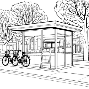 Moderner Kiosk mit Fahrrädern Ausmalbild für malfreudige Stadtkinder