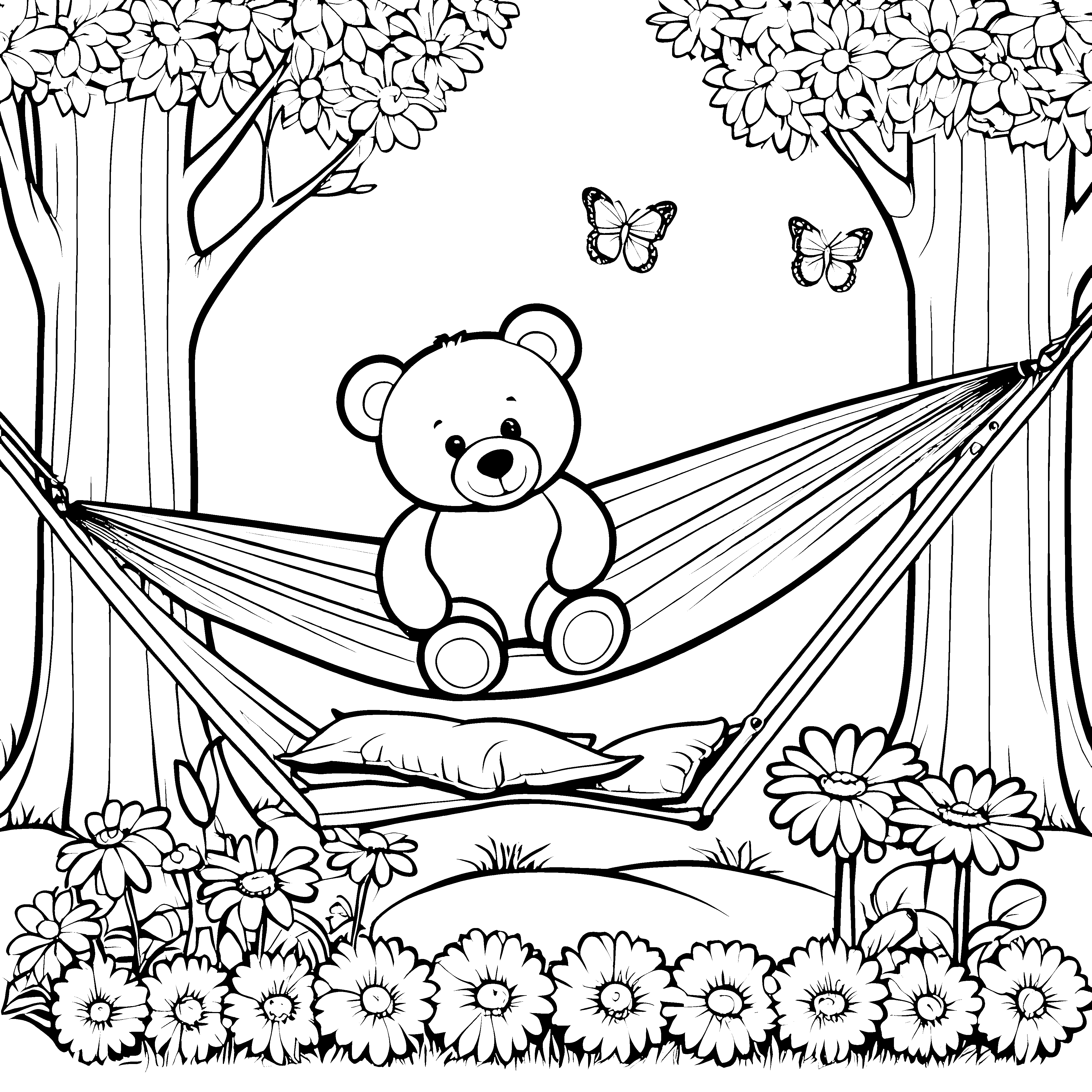 Entspannter Teddybär in der Hängematte: Ausmalvorlage für verträumte Blumenfreunde