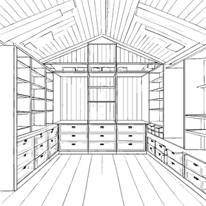 Großzügiger begehbarer Kleiderschrank mit Regalen: Ausmalvorlage für verträumte Ordnungsliebhaber