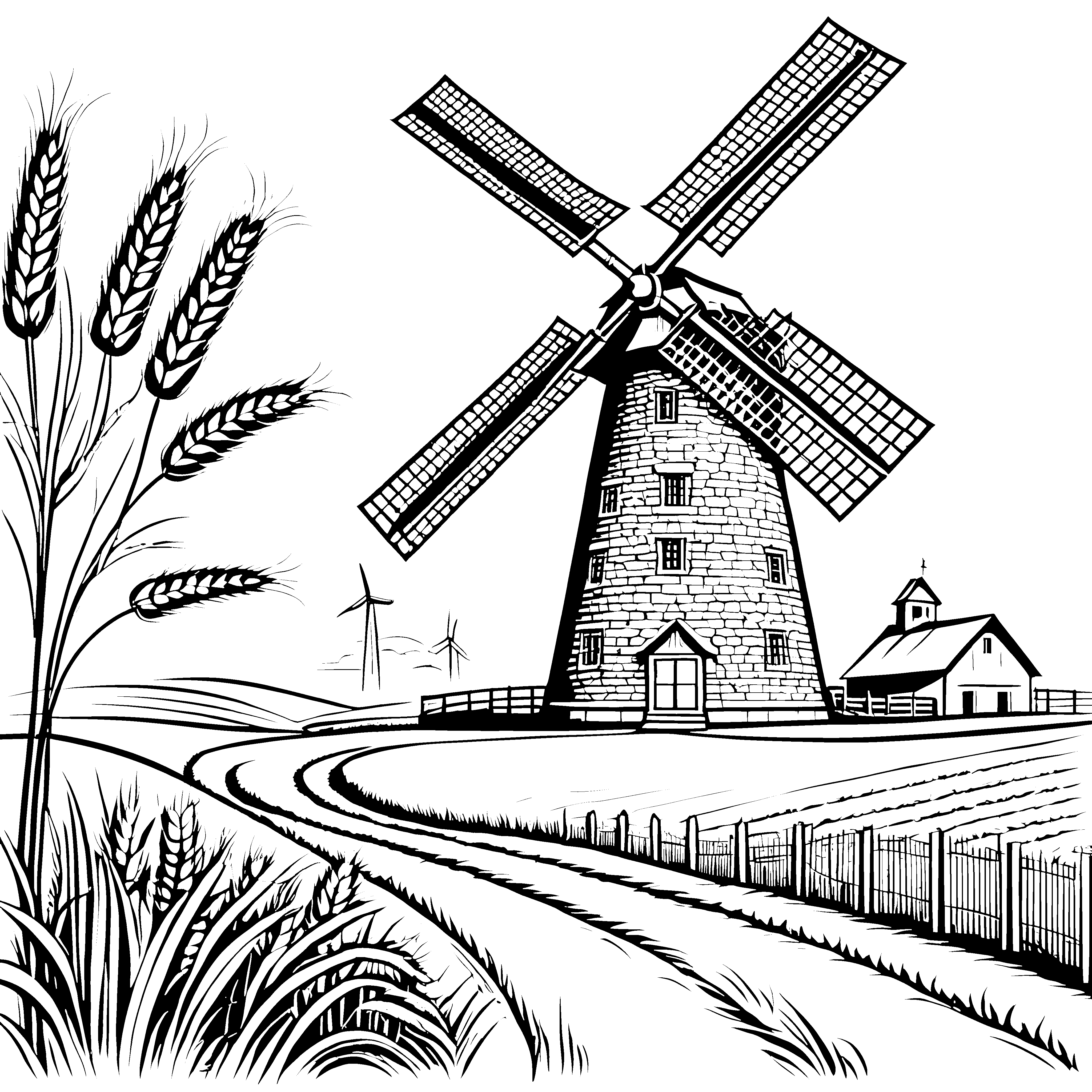 Majestätische Windmühle auf dem Getreidefeld Ausmalbild für neugierige Bauernhoffreunde