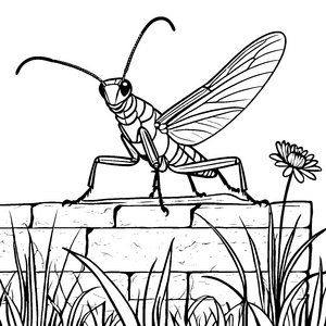 Beeindruckte Heuschrecke auf Steinmauer Bastelmotiv für mutige Naturbeobachter