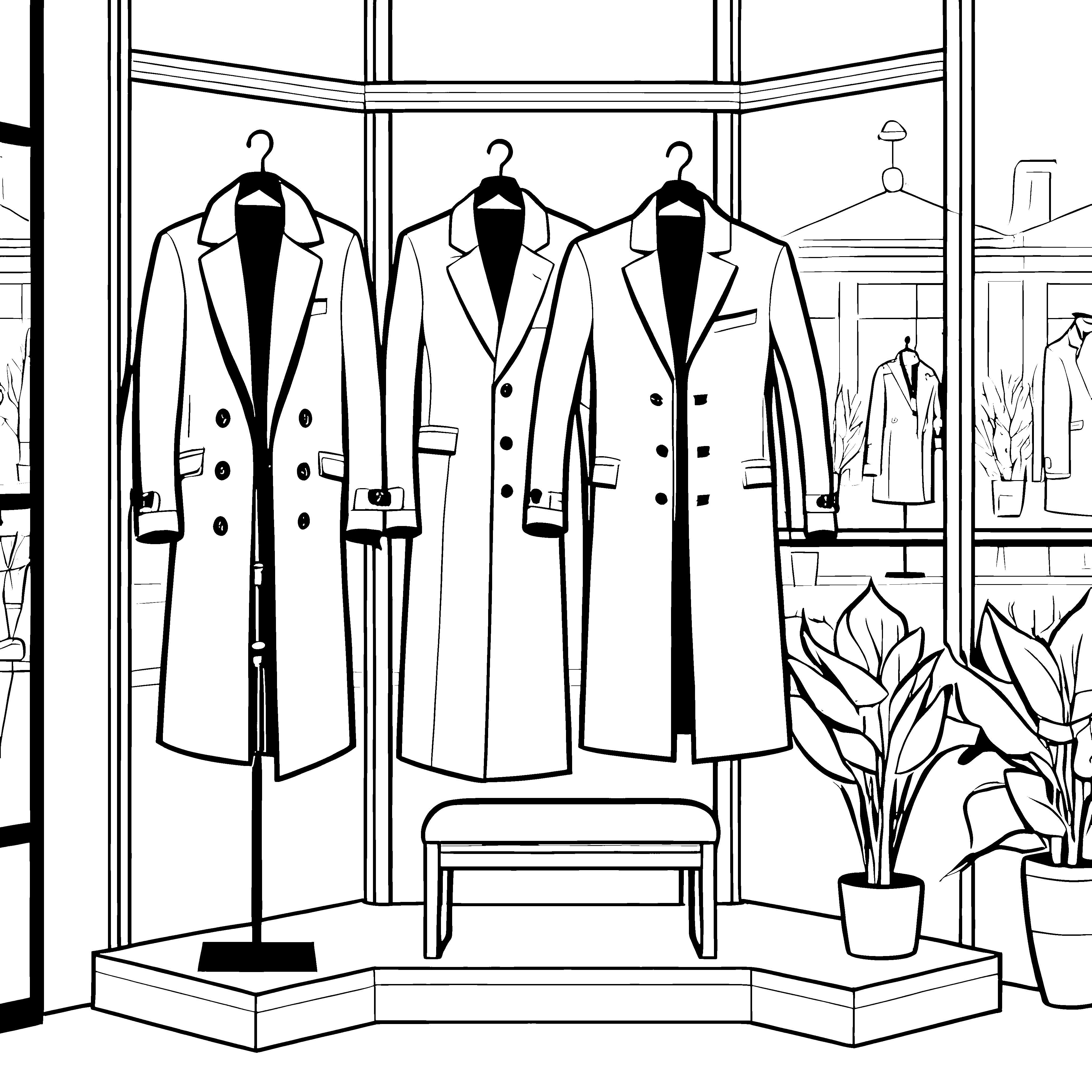 Moderne Herrenmäntel im Schaufenster Bastelvorlage für fröhliche Modefans