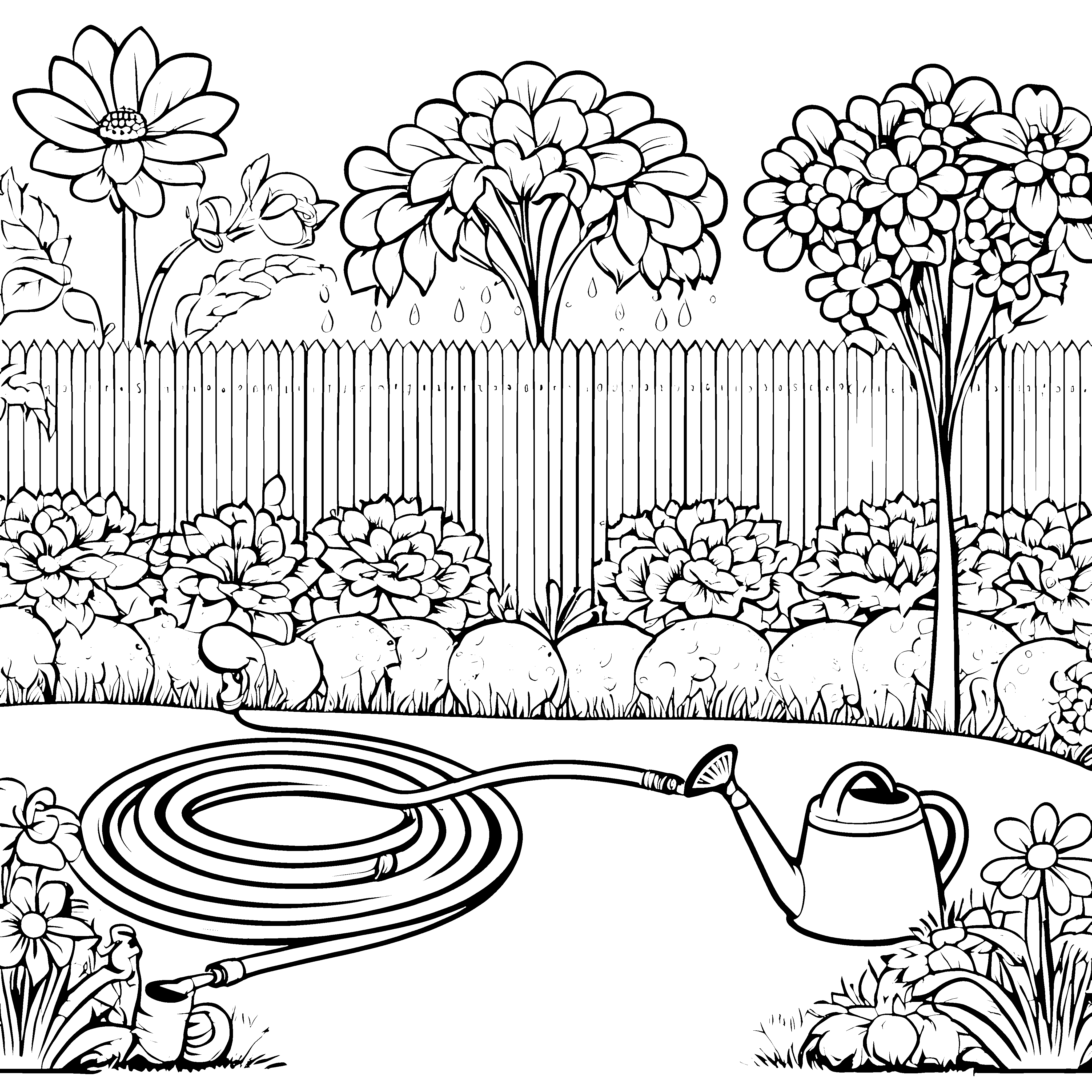 Idyllischer Gartenschlauch mit Gießkanne Ausmalbild für junge Gartenhelfer