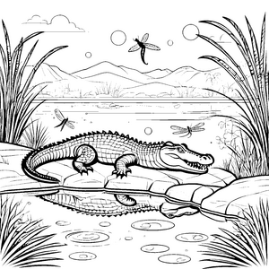 Das Krokodil am See mit Libellen und Bergen - Ausmalbild fuer kleine Tierfreunde