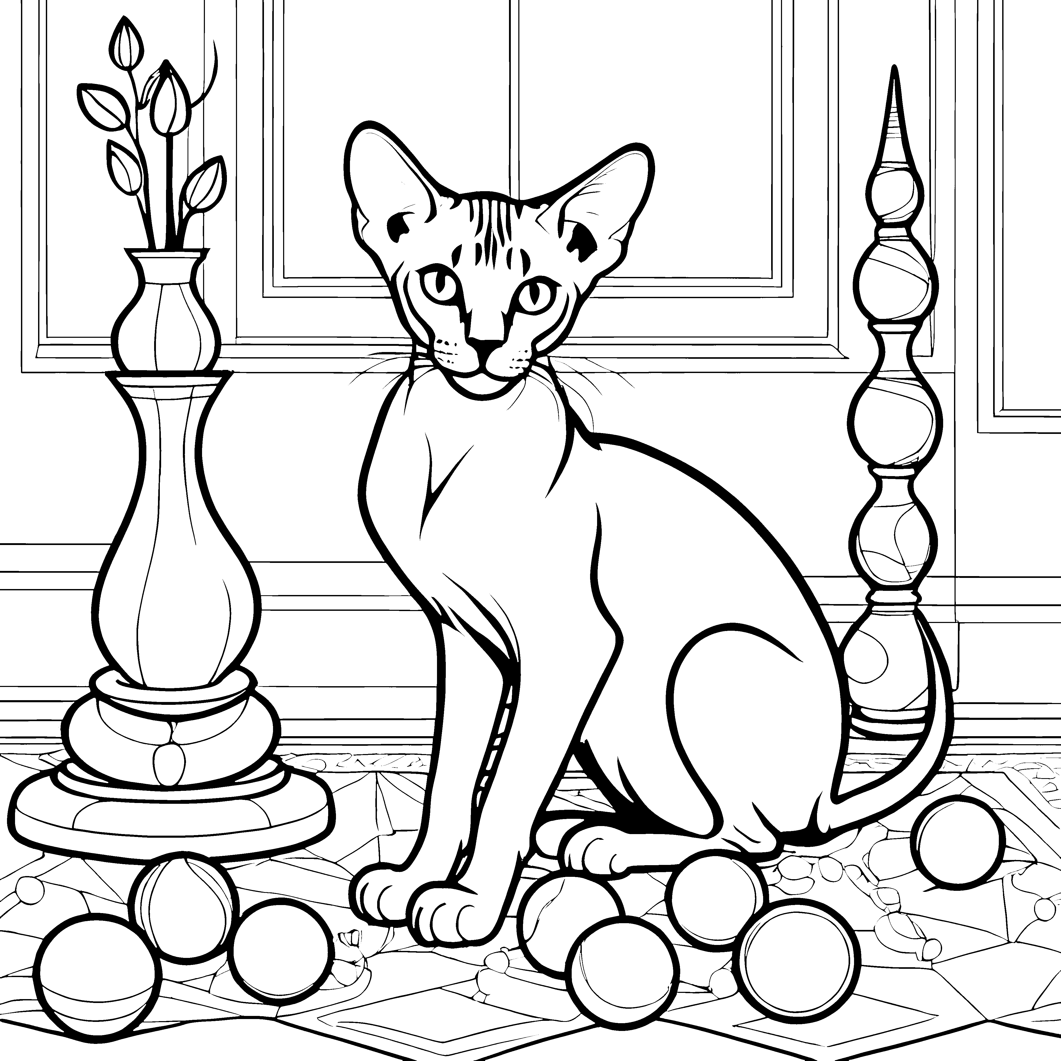 Besondere Sphynx-Katze mit Blumenvase: Ausmalvorlage für Blumenfreunde