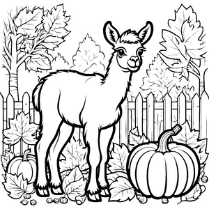 Niedliches Lama Jungtier bei Kürbissen Bastelvorlage für fröhliche Herbstfreunde