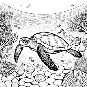 Prachtvolle Schildkröte zwischen Korallen Malbild für kleine Wasserforscher