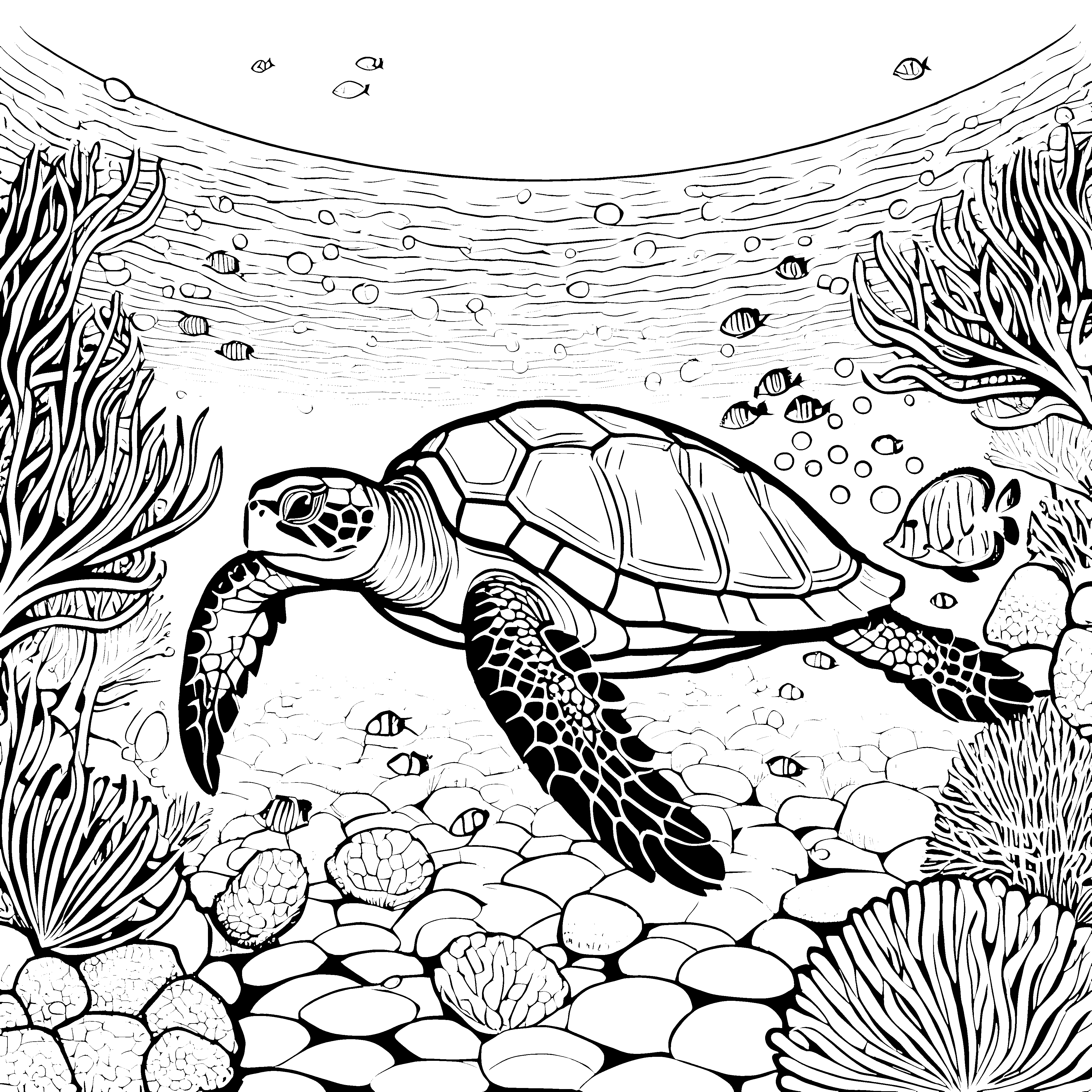 Prachtvolle Schildkröte zwischen Korallen Malbild für kleine Wasserforscher