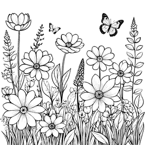Farbenfrohe Gänseblümchen mit Schmetterlingen: Ausmalbild für junge Blumenfreunde