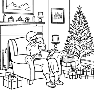 Gemütliche Vorlesestunde am Weihnachtsbaum Bastelvorlage für neugierige Buchwürmer