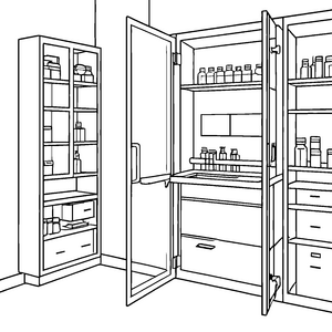 Strukturierte Medizinschränke mit Fläschchen Bastelvorlage für fröhliche Apothekenhelfer