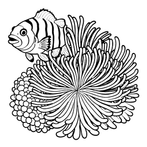 Lebhafter Clownfisch an Seeanemone Malvorlage für junge Meeresbewunderer