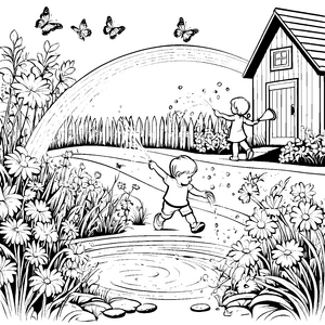 Spritzender Gartenschlauch am Teich Ausmalbild für verträumte Wasserfreunde