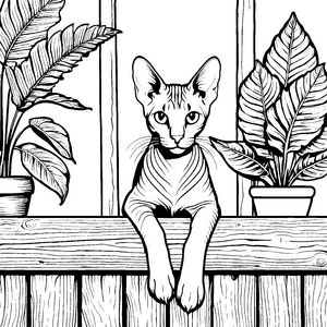 Sanfte Sphynx-Katze bei Zimmerpflanzen Malbild für Pflanzenfreunde