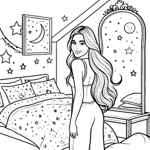 Mädchen mit glatten langen Haaren im Sternenzimmer Ausmalbild fuer kleine Entdecker