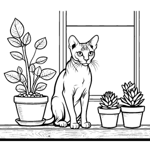 Gelassene Sphynx-Katze am Fenster Malvorlage für kreative Pflanzenfreunde