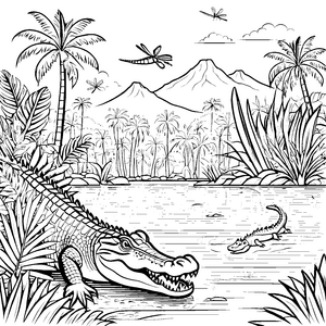 Krokodile am tropischen See mit Palmen und Vulkanen Ausmalbild fuer kleine Entdecker