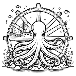 Mystischer Oktopus am Schiffszahnrad Ausmalbild für mutige Tiefseeforscher