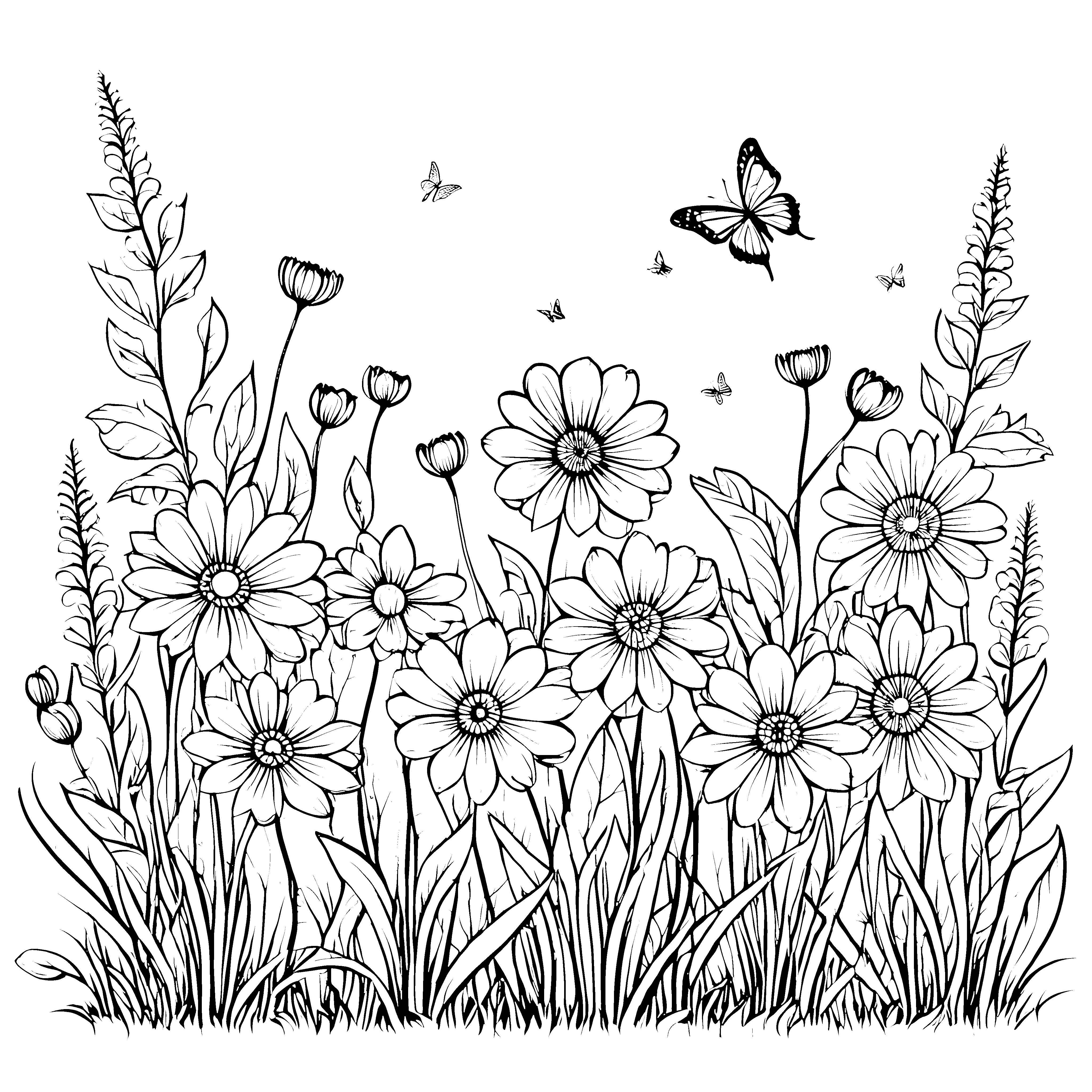 Farbenfrohe Gänseblümchen mit Schmetterlingen Malvorlage für Blumenfreunde