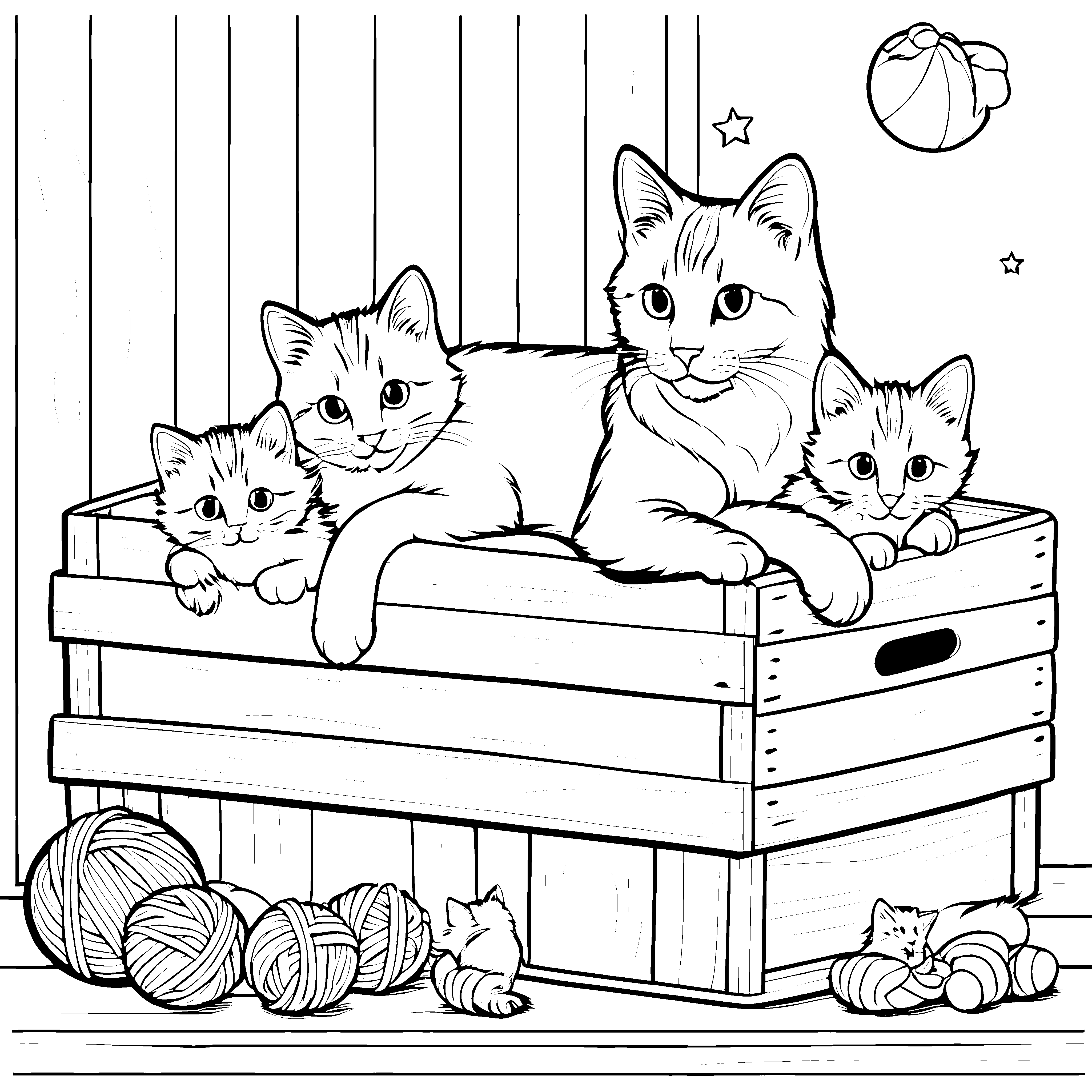 Geborgene Katzenmama mit Kitten auf Kiste Ausmalvorlage für kreative Wollknäuelfreunde