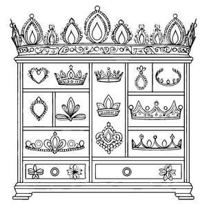 Prachtvoller Tiara-Schrank mit Edelsteinen Bastelvorlage für mutige Prinzessinnen