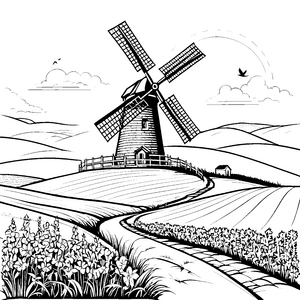Idyllische Windmühle auf Blumenwiese Ausmalbild für malfreudige Naturkinder