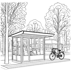 Städtischer Kiosk mit Fahrrad Ausmalbild für neugierige Straßenforscher