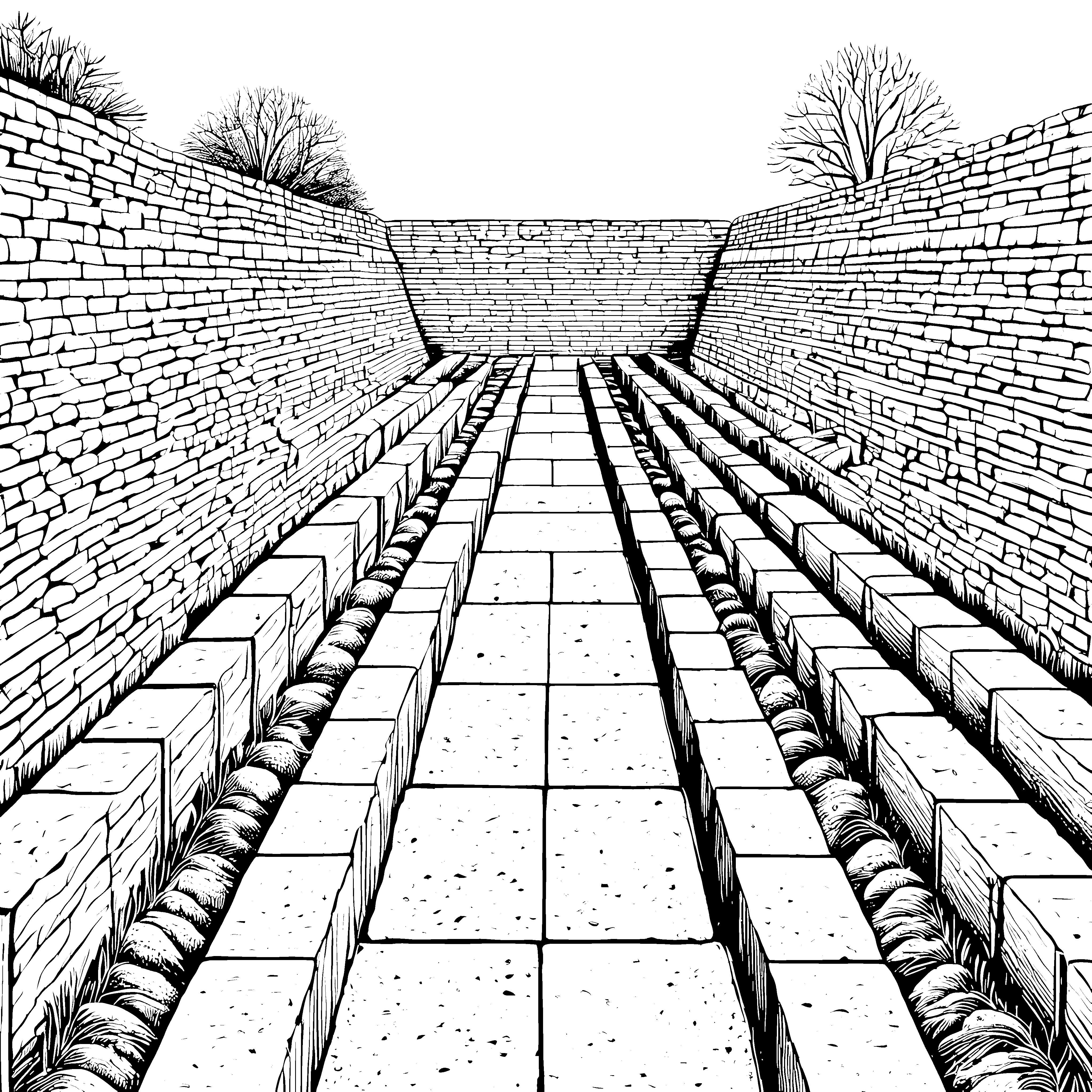 Monumentaler Graben mit Steinblöcken Malbild für kleine Steinmetze
