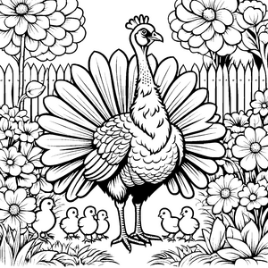 Majestätischer Truthahn mit Küken im Garten Ausmalbild für verträumte Blumenkinder