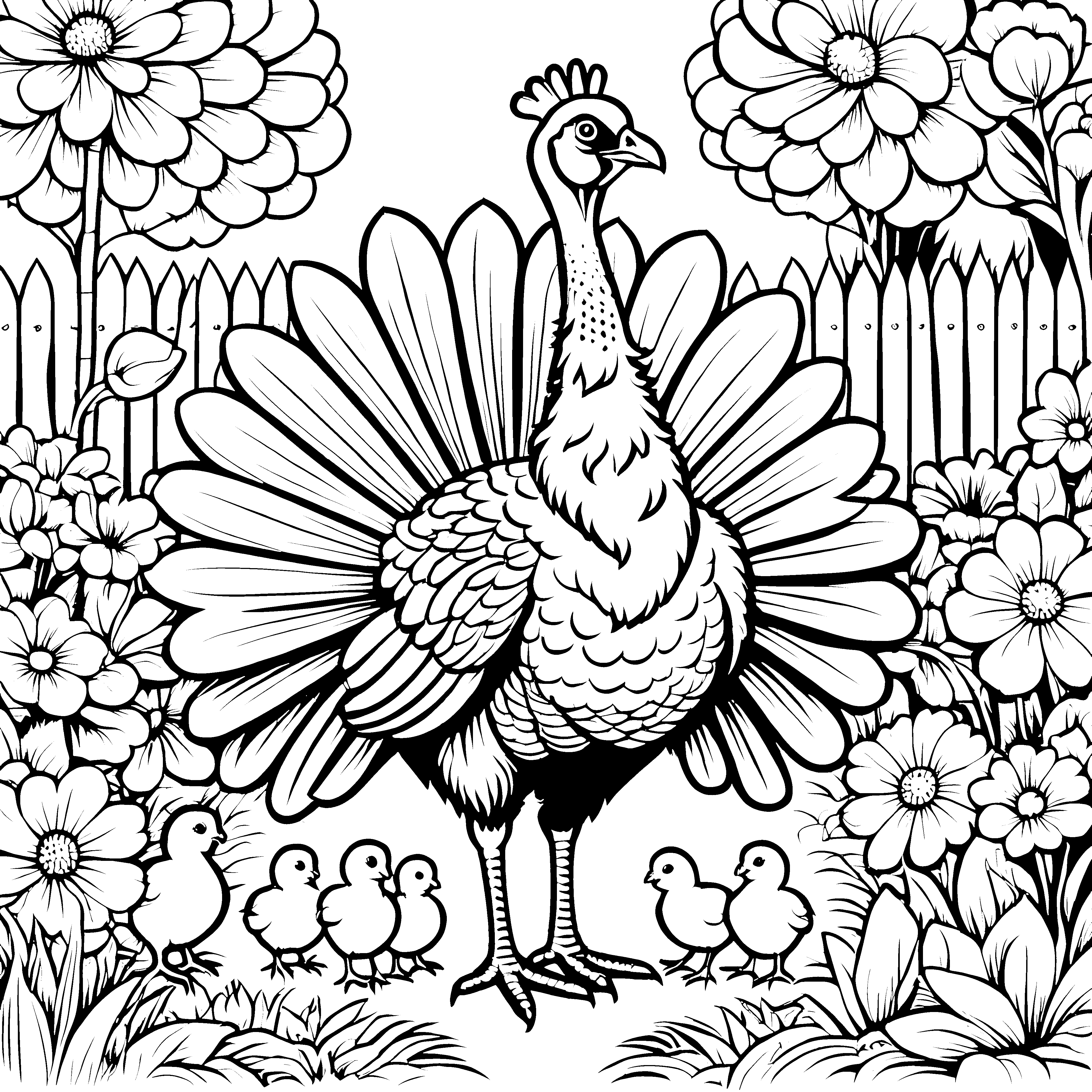 Majestätischer Truthahn mit Küken im Garten Ausmalbild für verträumte Blumenkinder
