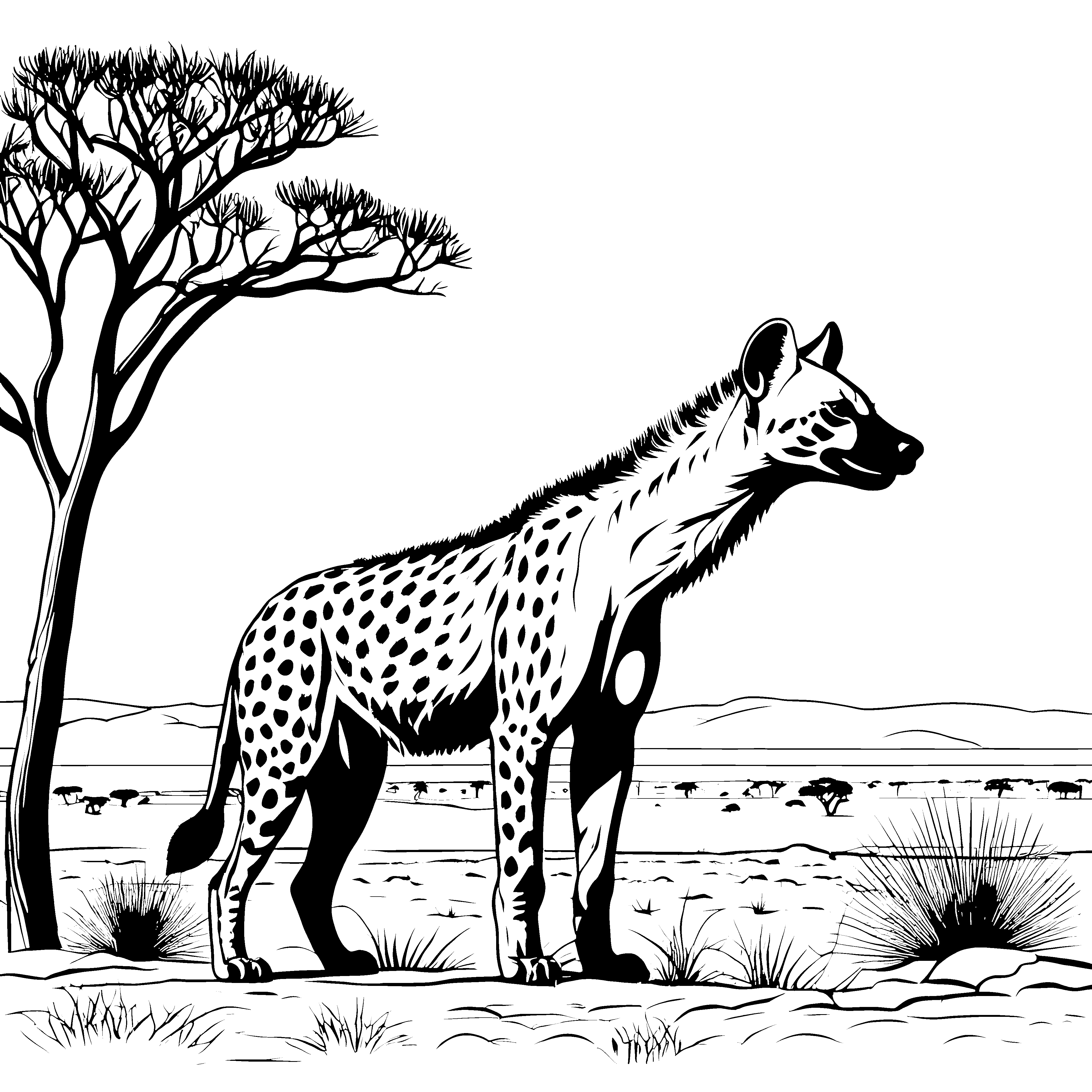 Pfeifende Hyäne bei Akazie Malbild für mutige Savannenfreunde