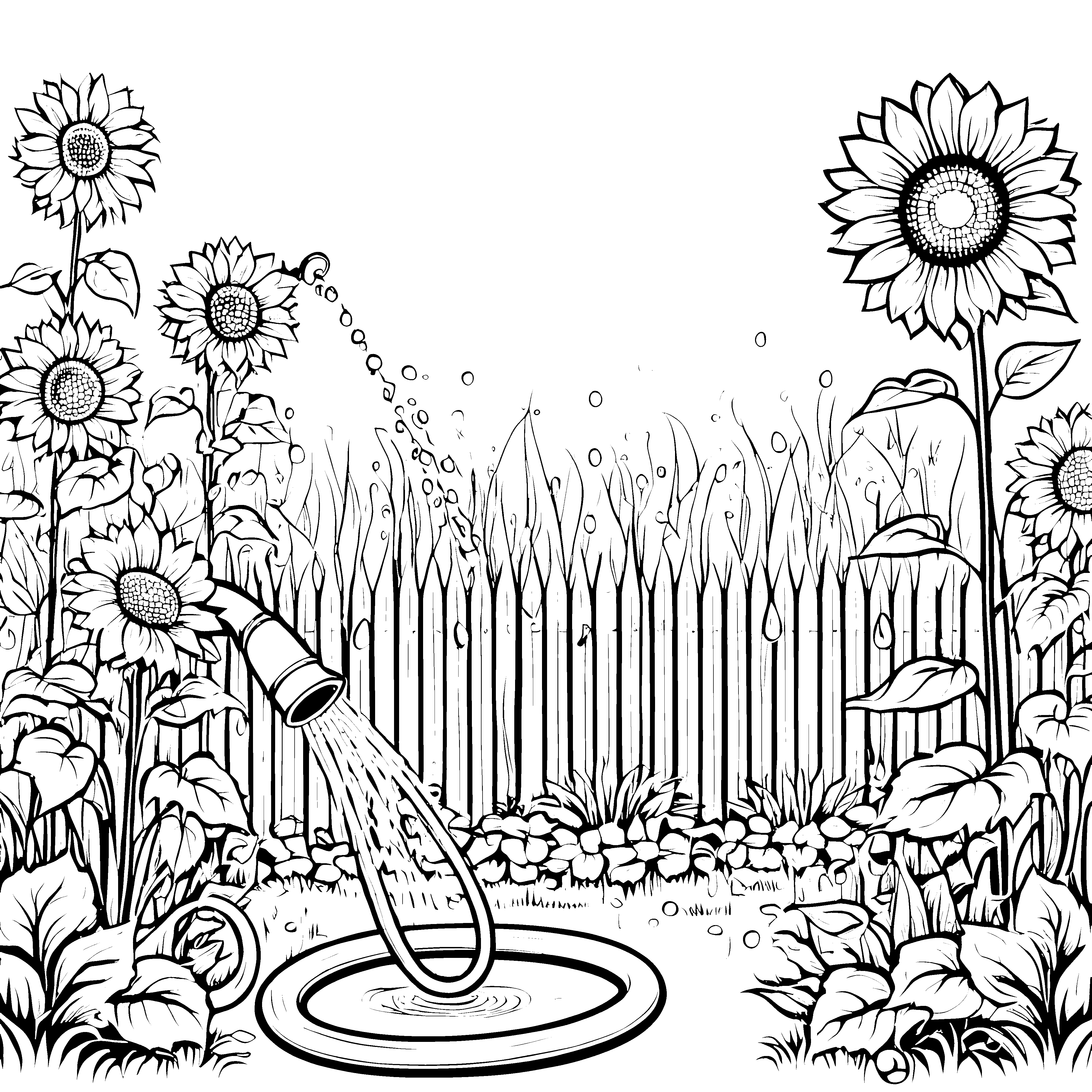 Lebhafter Gartenschlauch mit Sonnenblumen Ausmalbild für Gartenfreunde