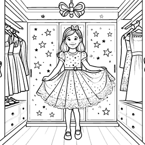 Das Mädchen im glitzernden Kleid im Kleiderschrank Ausmalbild fuer kleine Entdecker