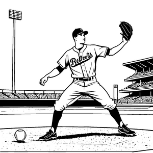 Dynamischer Baseballspieler auf dem Pitcherhügel Malvorlage für Sportfans